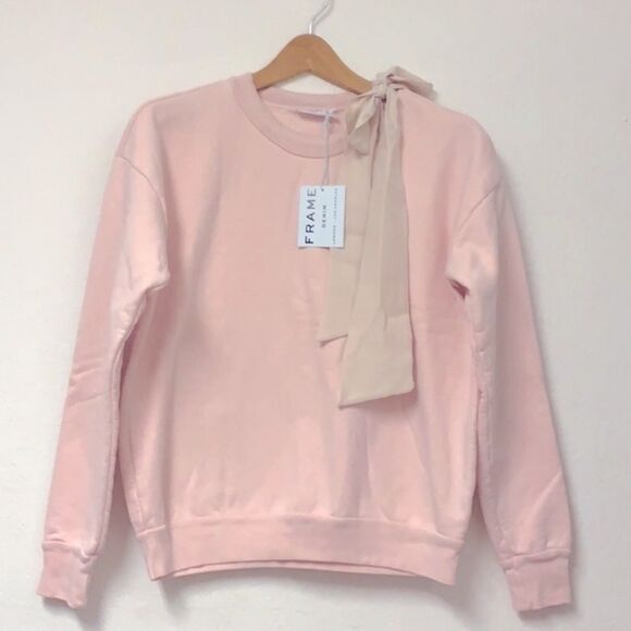 NWT Frame Denim Crewneck Long Sleeve Sweatshirt Pink S with silk bow cotton - Picture 1 of 9